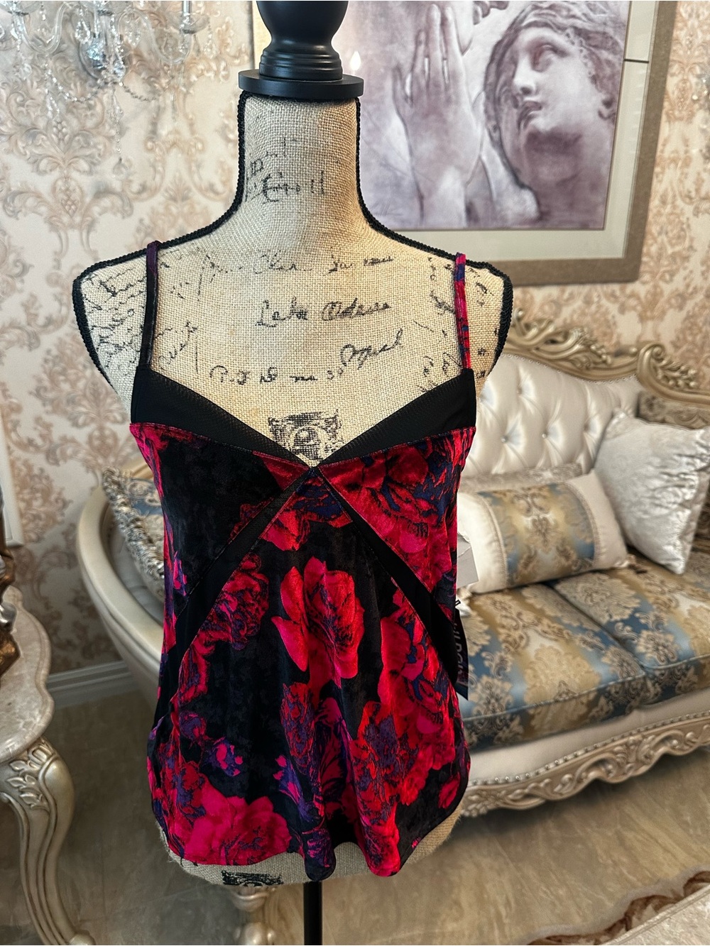 Tildon Black Velvet Camisole with Red Floral Print